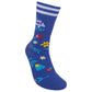 Mellow Monkey blue crew socks with floral patterns, strawberries, and the text Live, Laugh, Fuck Off in white.