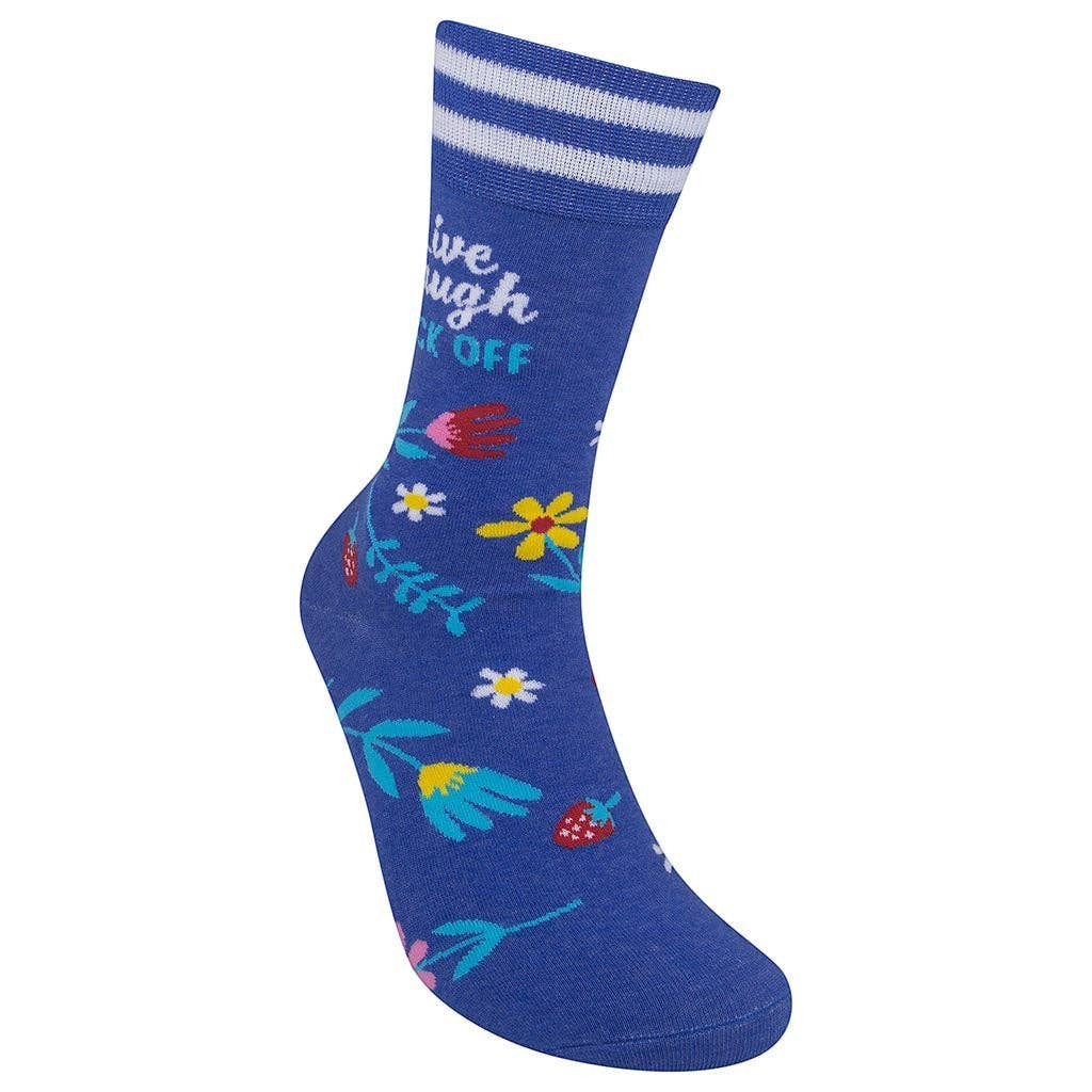 Mellow Monkey blue crew socks with floral patterns, strawberries, and the text Live, Laugh, Fuck Off in white.