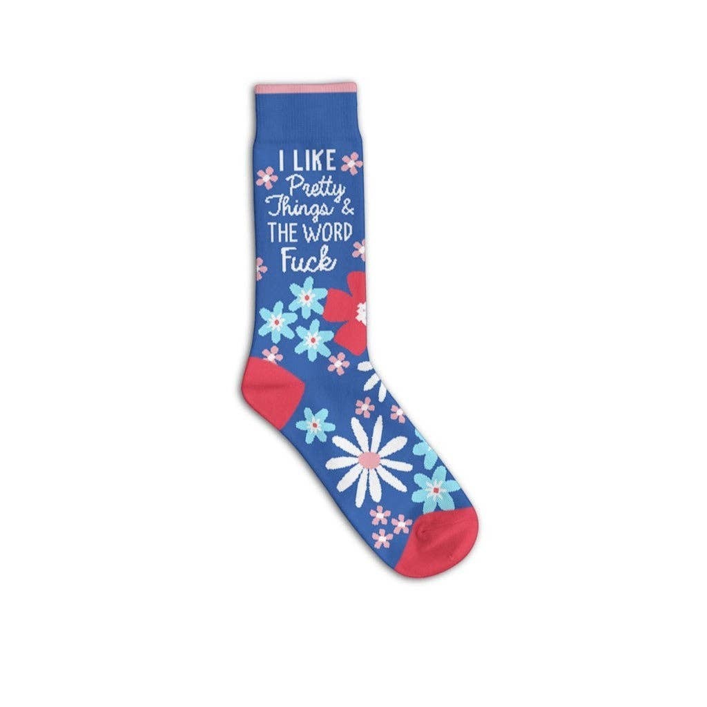 Mellow Monkey blue crew socks with pink floral pattern and the text I Like Pretty Things and the Word Fuck
