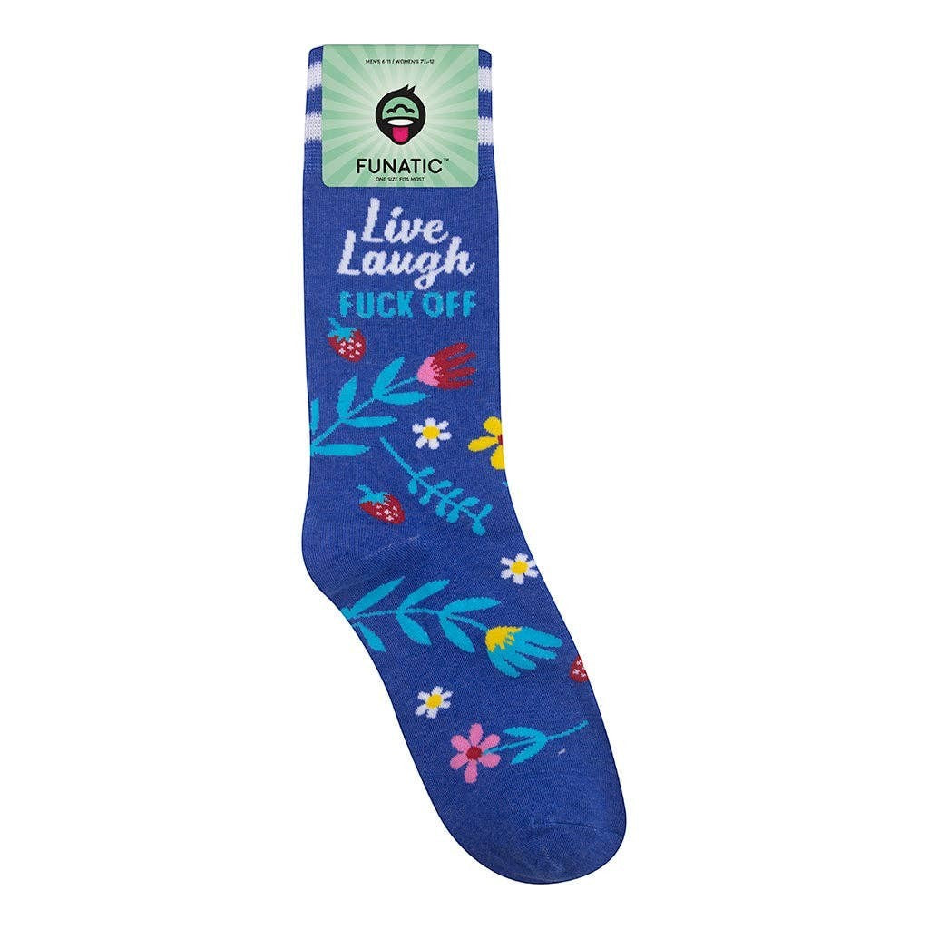 Mellow Monkey blue crew socks featuring floral patterns, strawberries, and the text Live, Laugh, Fuck Off