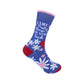 Mellow Monkey blue crew socks with pink and white floral pattern and cheeky text featuring a red heel and toe