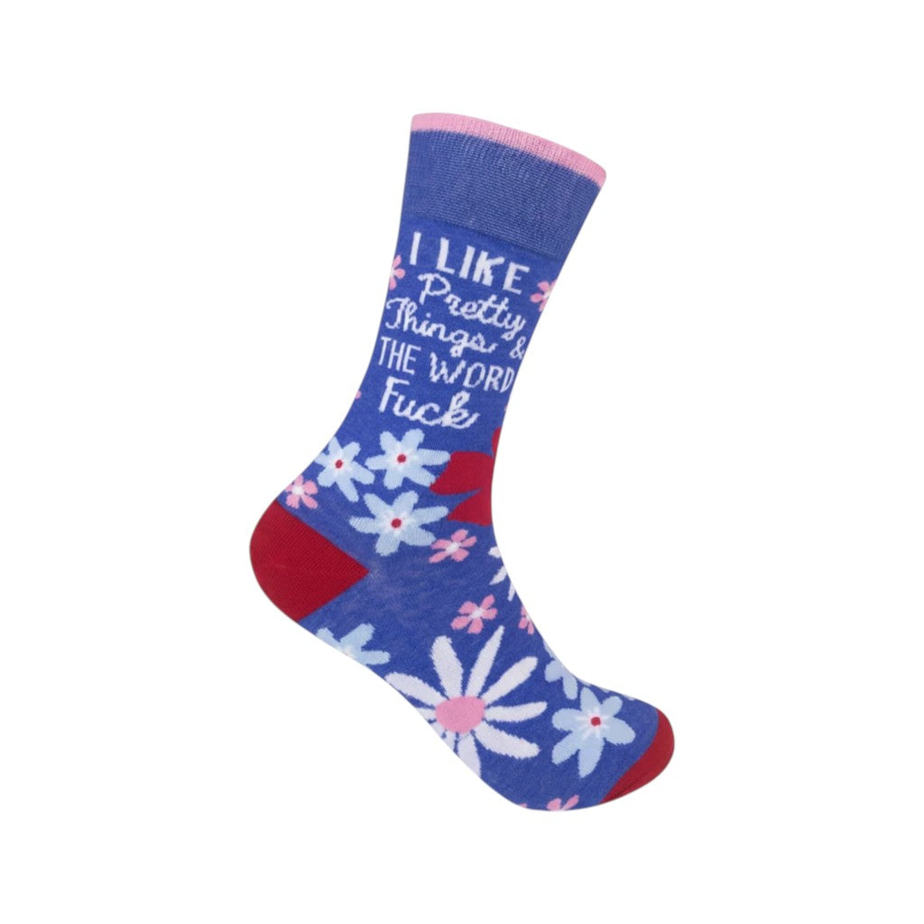 Mellow Monkey blue crew socks with pink and white floral pattern and cheeky text featuring a red heel and toe