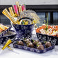 Mellow Monkey Temp-tations floral lace blue stoneware serving platter holding chocolate covered strawberries