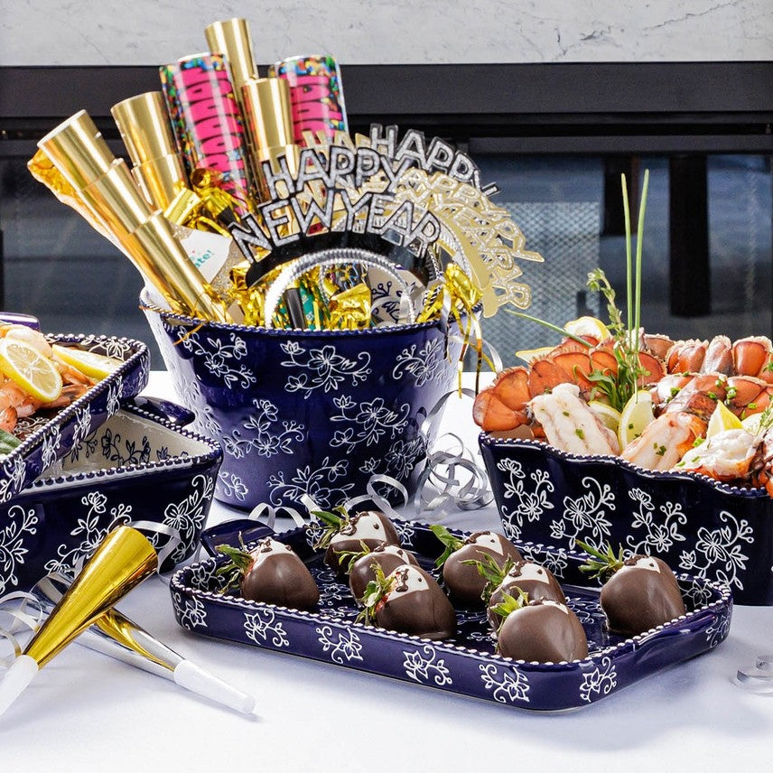 Mellow Monkey Temp-tations floral lace blue stoneware serving platter holding chocolate covered strawberries