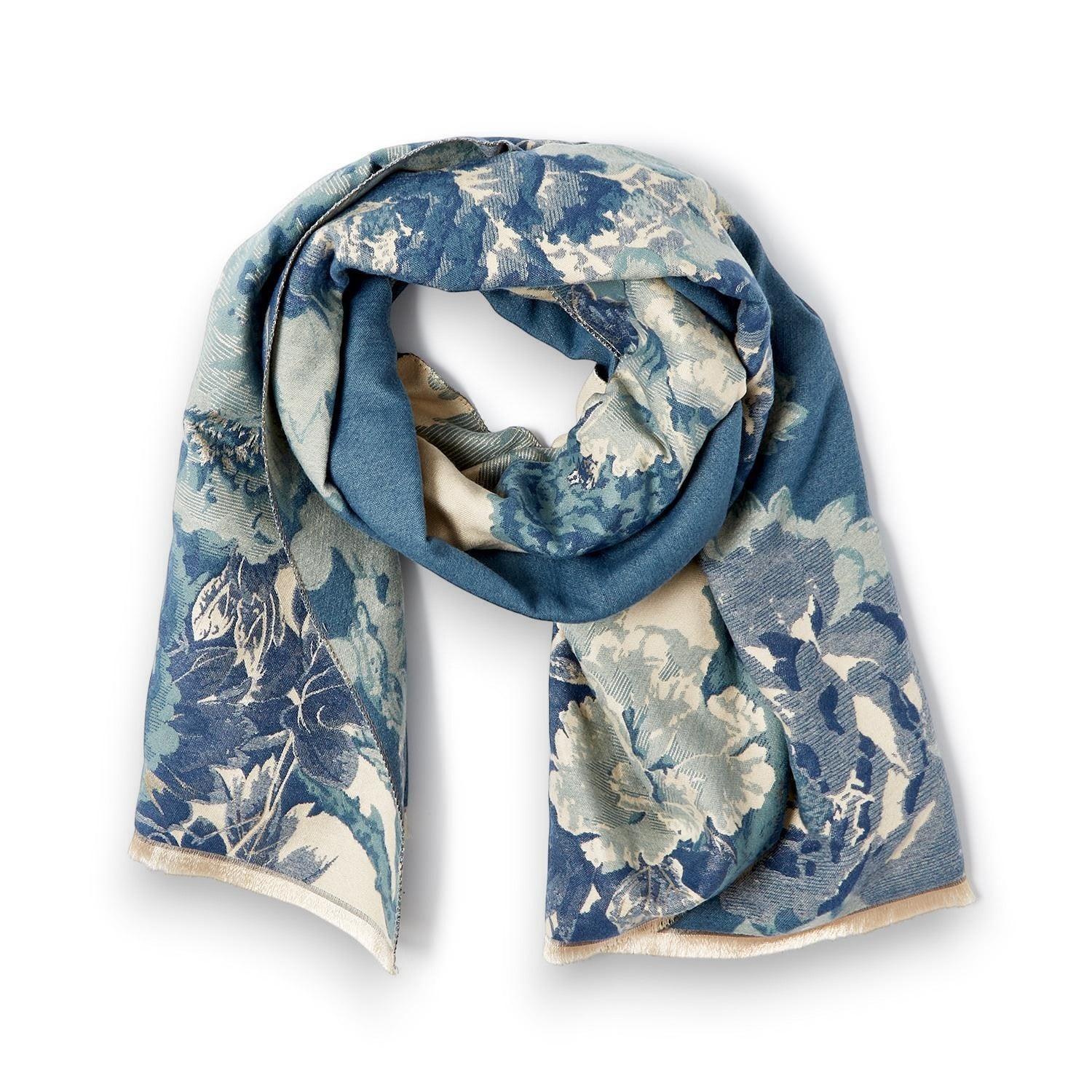 Mellow Monkey double-sided blue floral shawl scarf with soft acrylic fabric and delicate eyelash fringe trim.