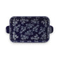 Mellow Monkey Temp-tations blue stoneware serving platter with white floral lace pattern and side handles