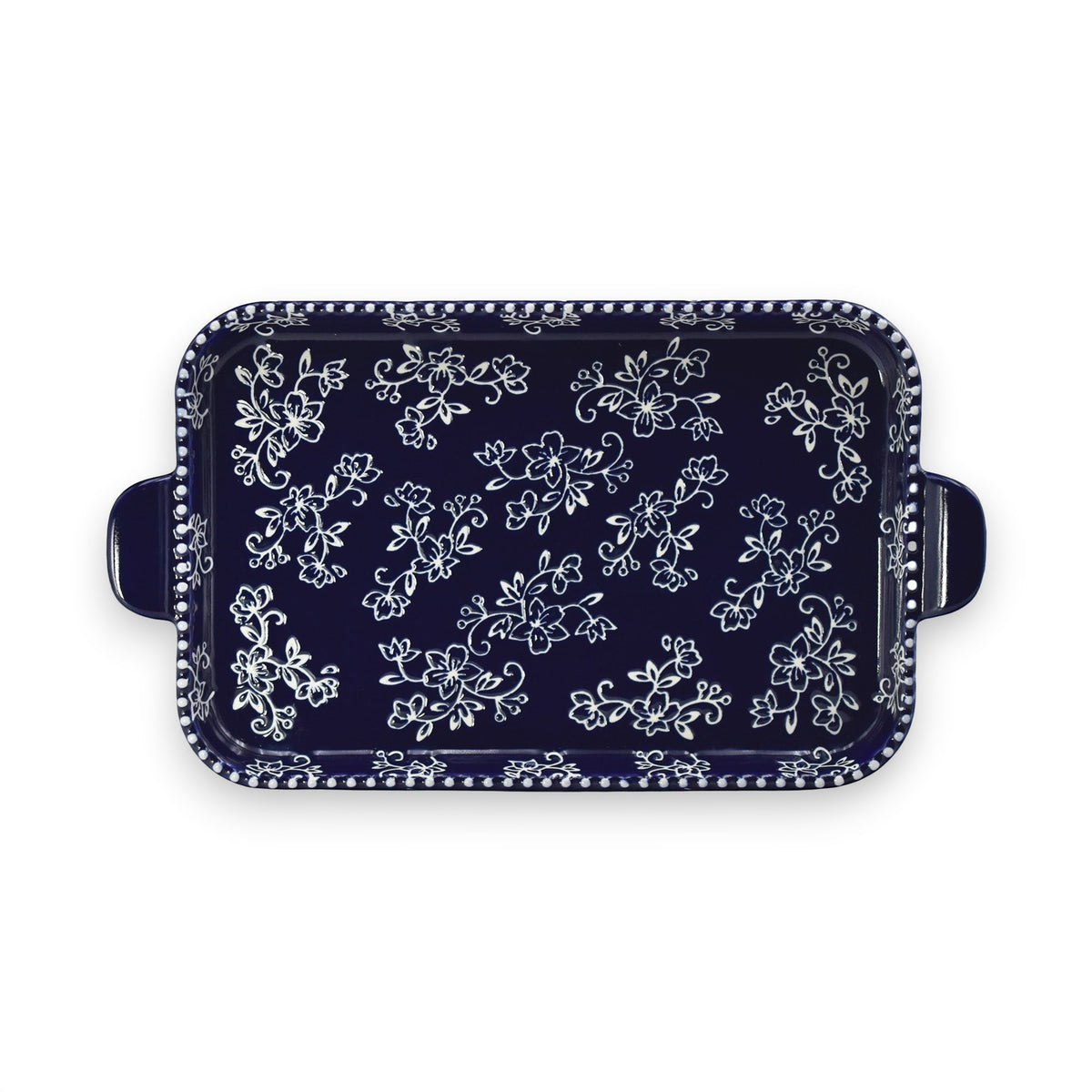 Mellow Monkey Temp-tations blue stoneware serving platter with white floral lace pattern and side handles