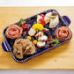 Mellow Monkey blue stoneware serving platter with floral lace pattern, styled with charcuterie and cheese board.