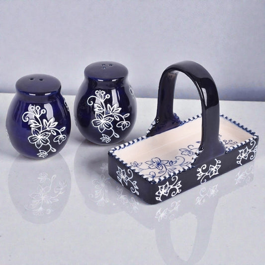 Mellow Monkey Temp-tations 3-piece stoneware salt and pepper shaker set with blue floral lace pattern and basket holder