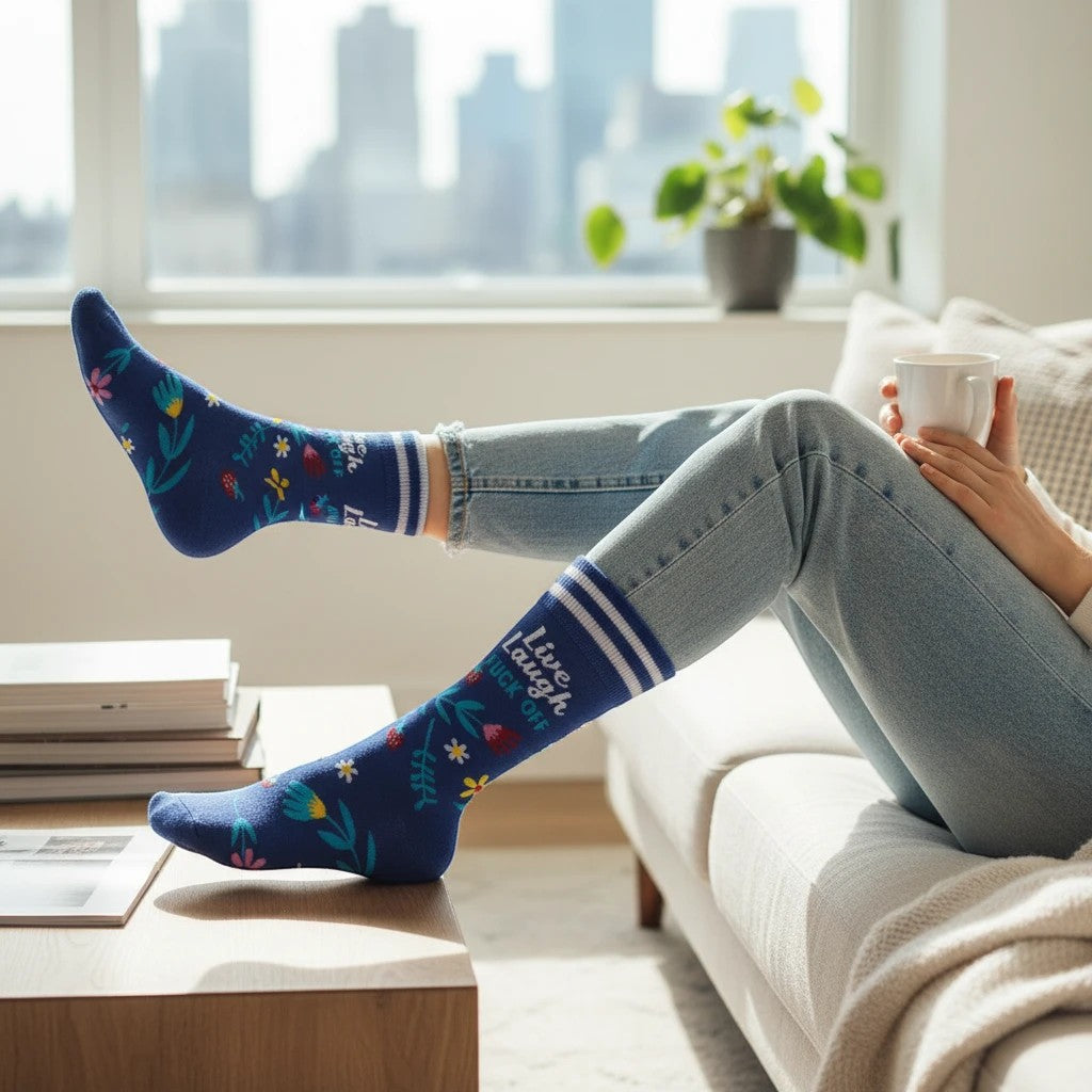 Mellow Monkey blue crew socks with floral pattern and Live, Laugh, Fuck Off text worn by a person on a sofa