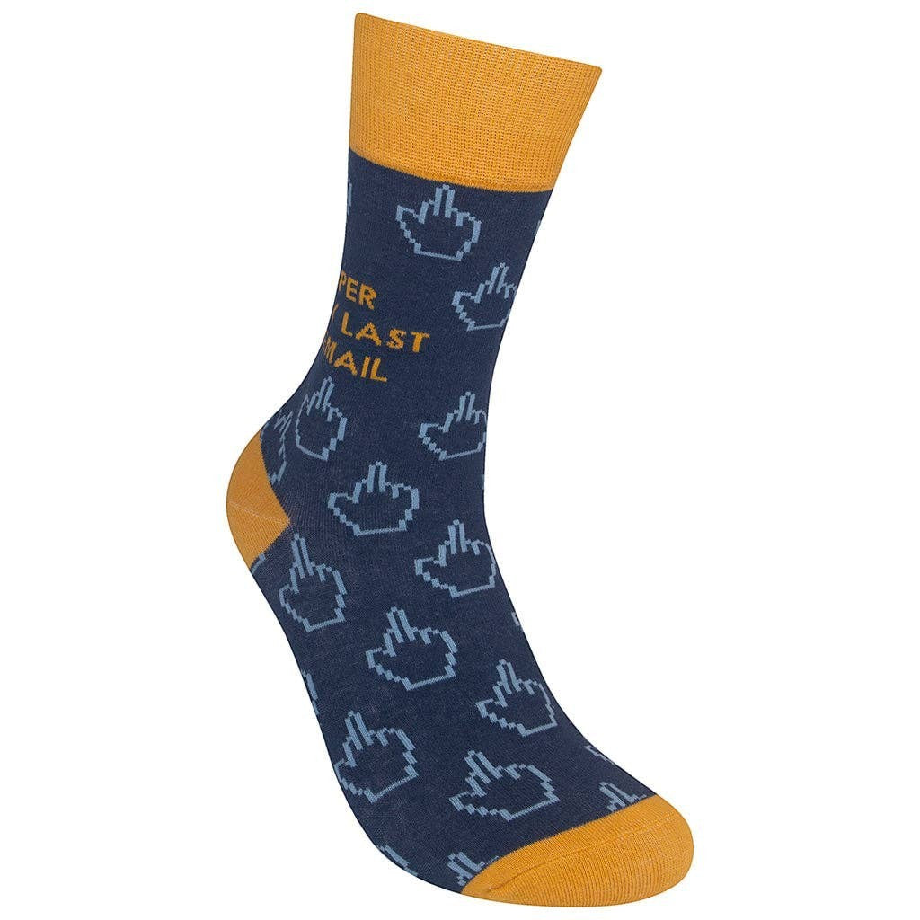 Mellow Monkey blue crew socks with mustard yellow accents and a pattern of pixelated middle fingers and text