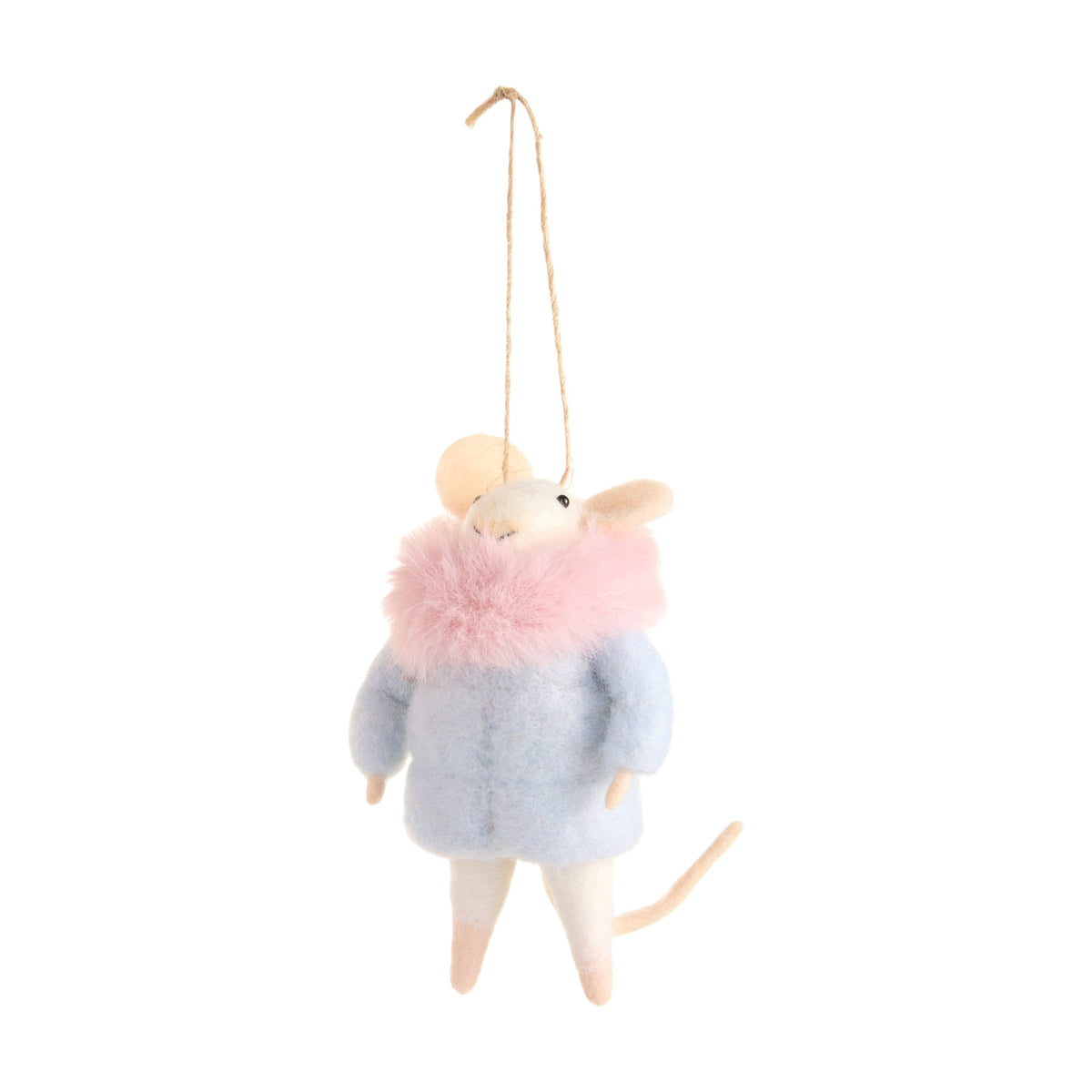 Mellow Monkey blue mouse Christmas ornament wearing a plush pink fur collar made from wool and polyester