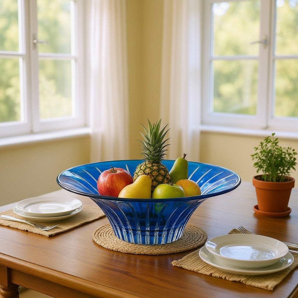 Mellow Monkey hand-painted blue glass centerpiece bowl filled with fresh fruit on a wooden dining table.