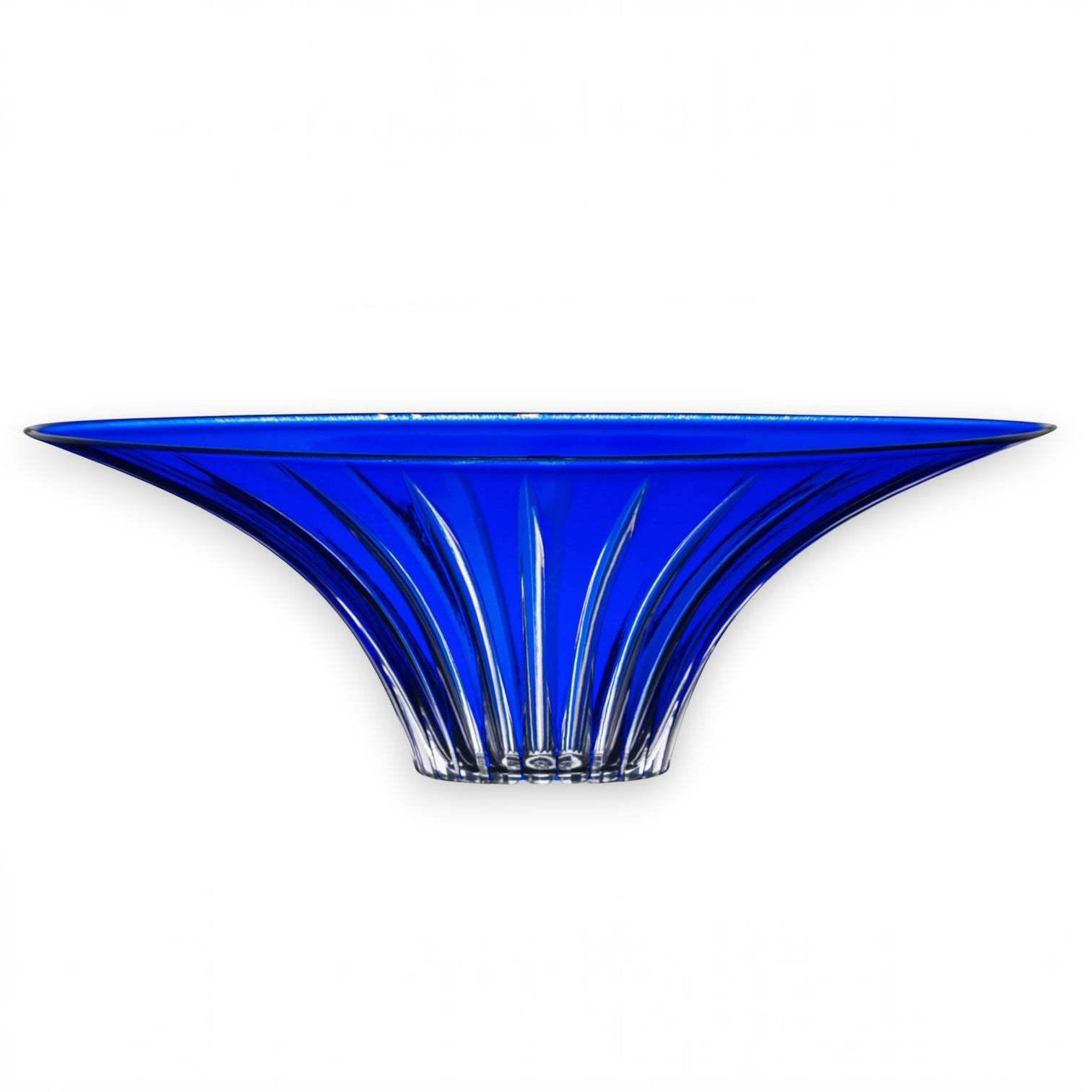 Mellow Monkey hand-painted blue glass centerpiece bowl with a wide 12-1/2-inch opening and elegant fluted design.