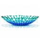 Mellow Monkey handmade fused glass coral bowl in vibrant blue and teal with intricate reef-inspired texture.