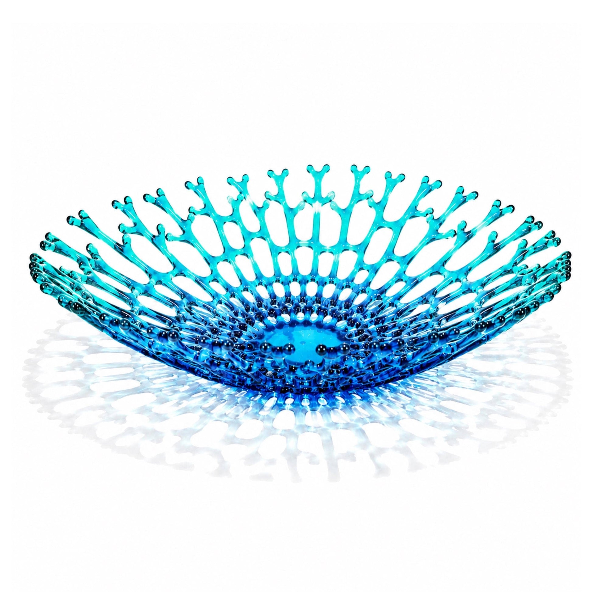 Mellow Monkey handmade blue fused glass coral bowl with intricate reef-inspired texture and luminous finish.
