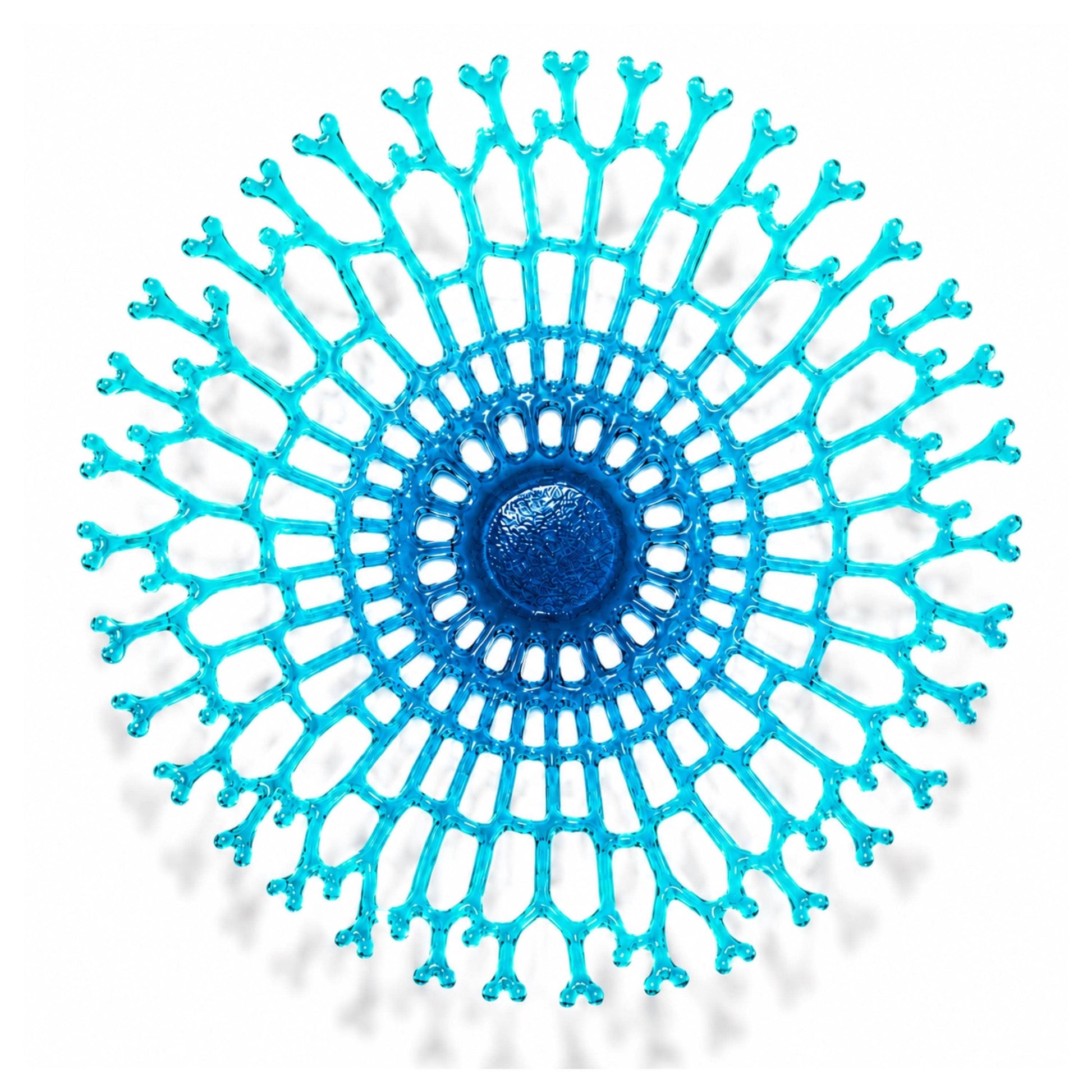 Mellow Monkey handmade fused glass coral bowl in vibrant electric blue with intricate reef-inspired lattice design.