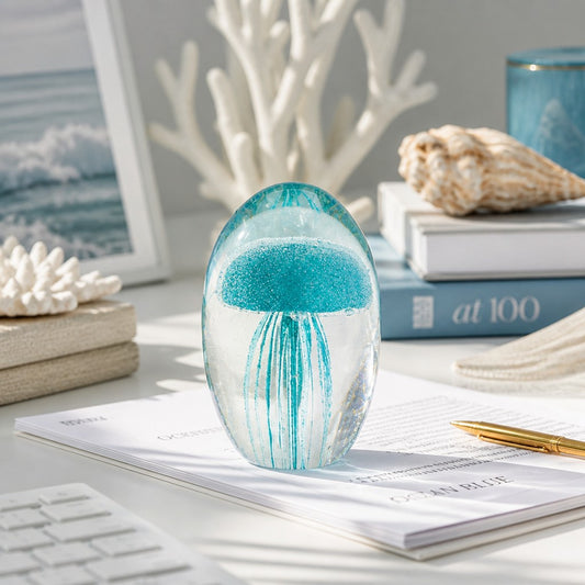 Mellow Monkey blue glass jellyfish paperweight on a desk with ocean-themed decor