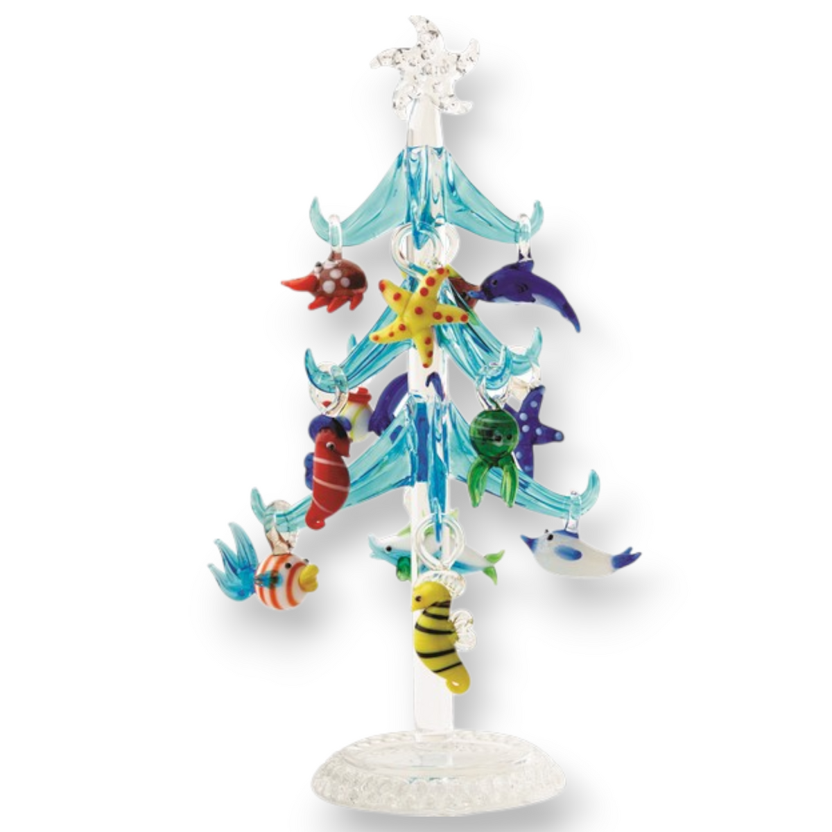 Mellow Monkey blue glass tree featuring colorful sea life ornaments like starfish, seahorses, and fish