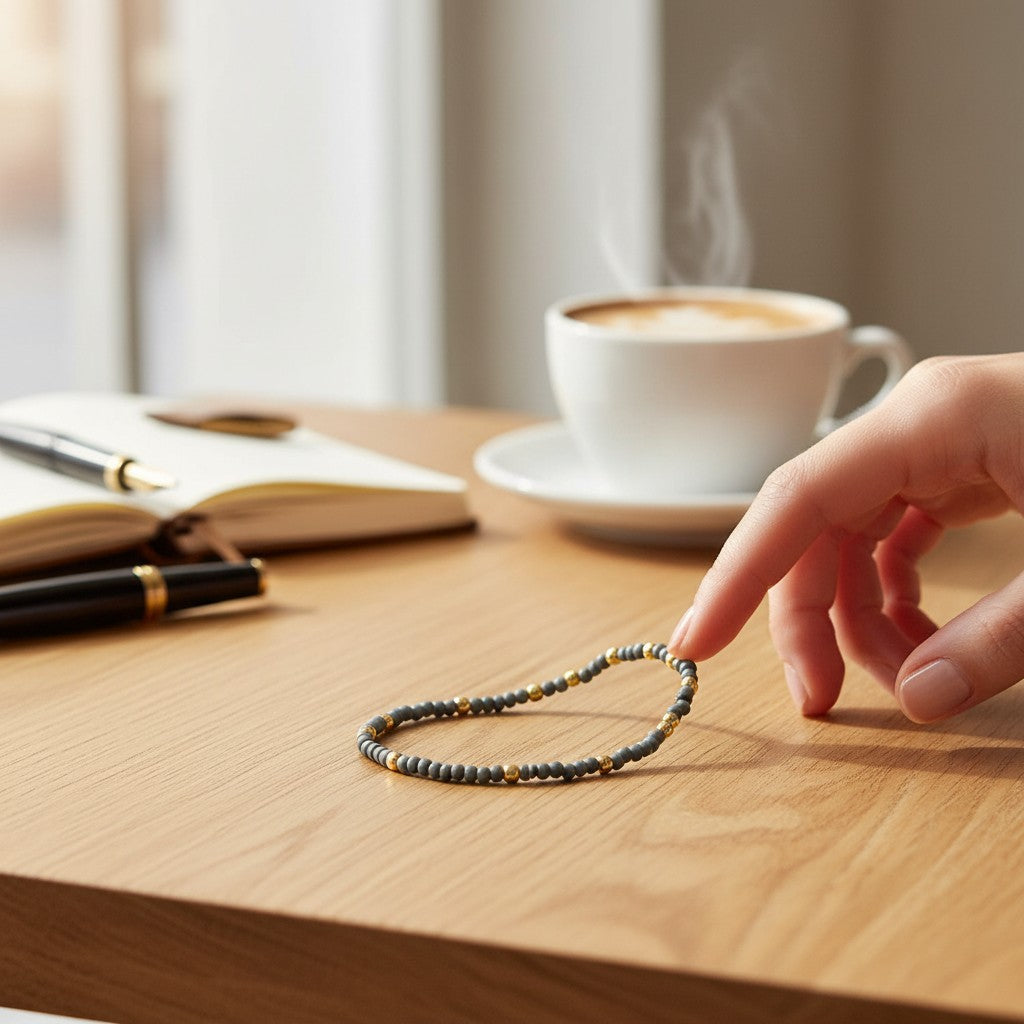 Mellow Monkey blue grey seed bead bracelet with 18K gold plated brass accents on a wooden desk with coffee