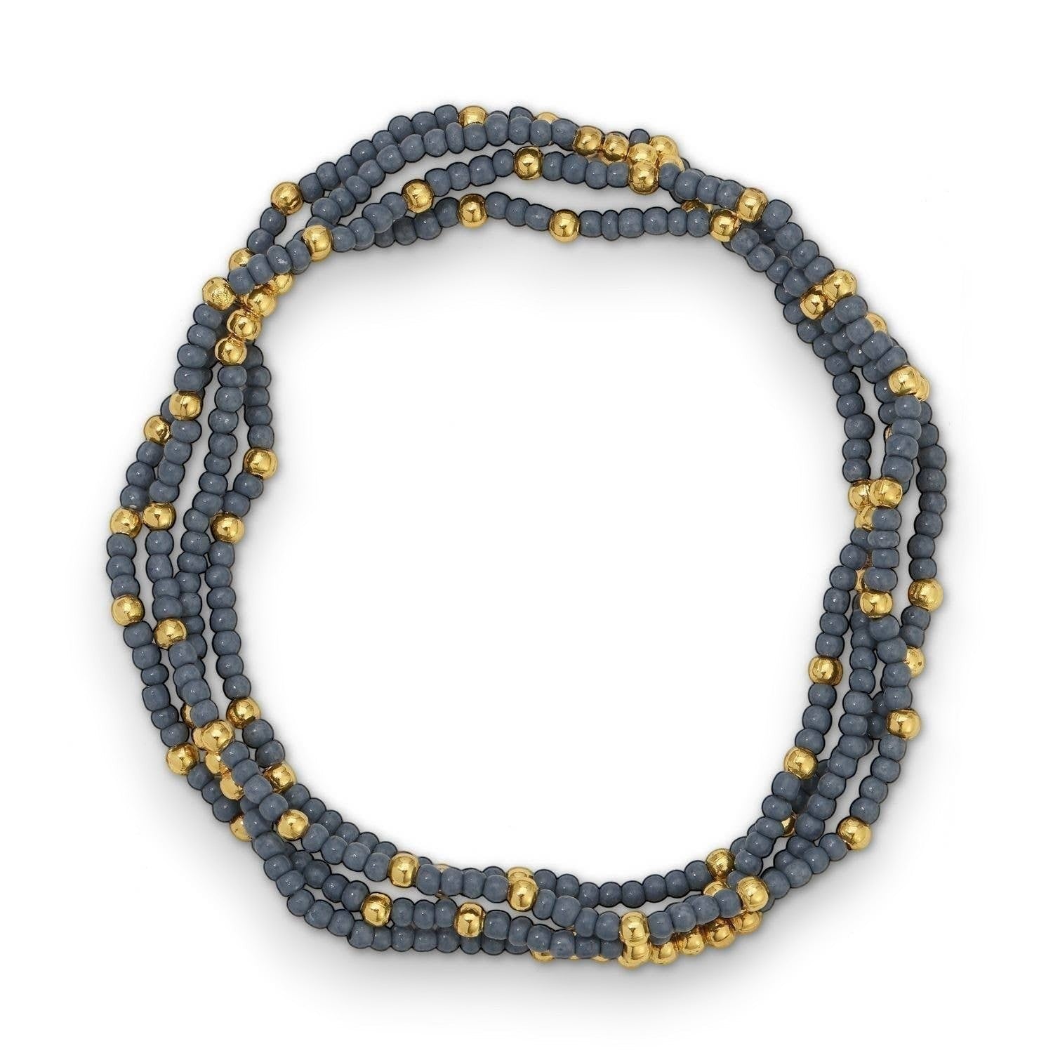 Mellow Monkey blue grey seed bead stretch bracelet with 18K gold plated brass accents for a layered stackable look.