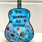 Mellow Monkey hand-painted blue guitar ornament featuring Blowing In The Wind lyrics and dandelion illustrations.