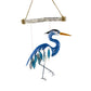 Mellow Monkey handcrafted blue heron wind chime with sandblasted glass accents and powder-coated metal design