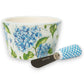 Mellow Monkey Blue Hydrangea ceramic bowl with a matching spreader. Dolomite material.