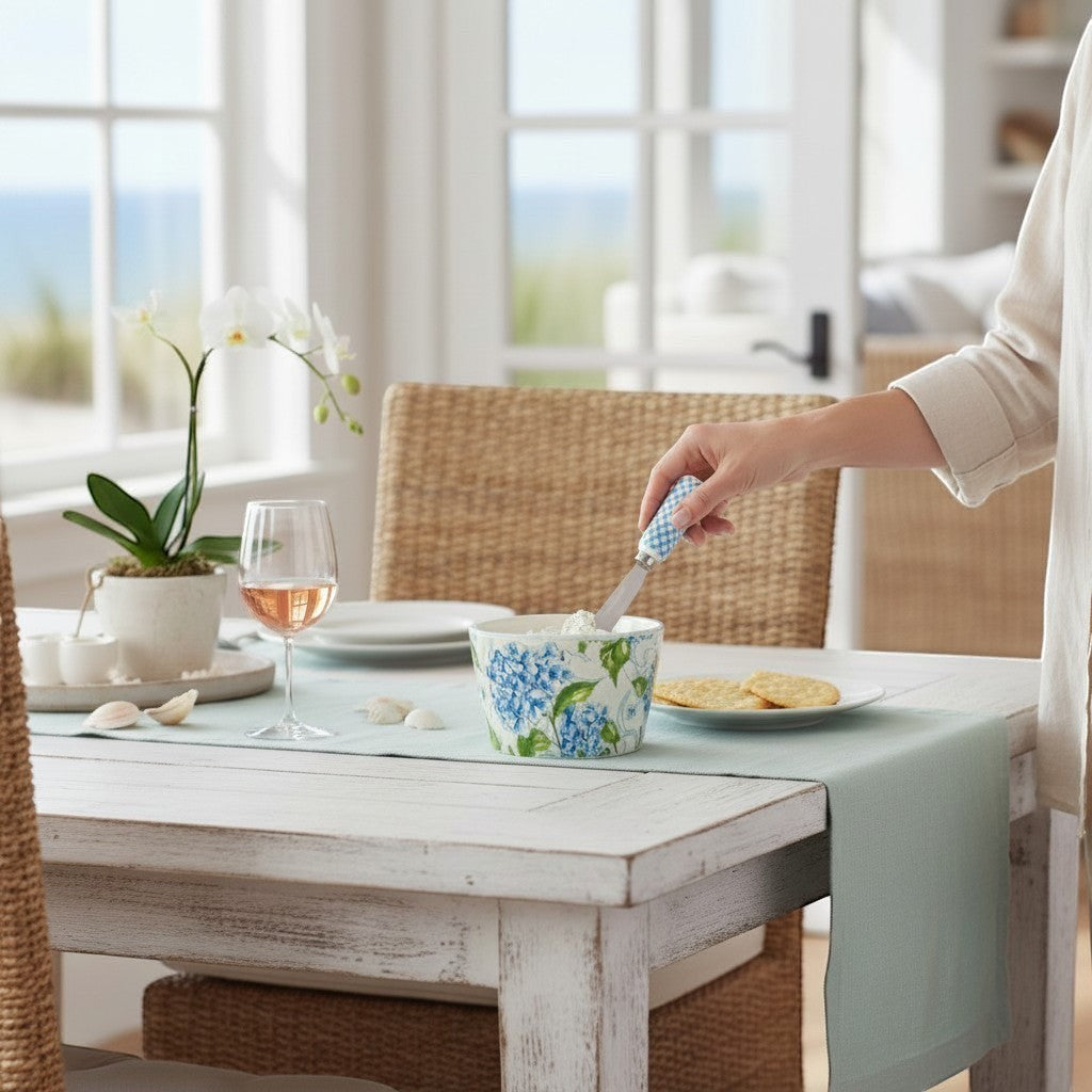 Mellow Monkey Blue Hydrangea ceramic bowl with spreader, dolomite, 4.75" Dia x 2.75" H, perfect for dips.