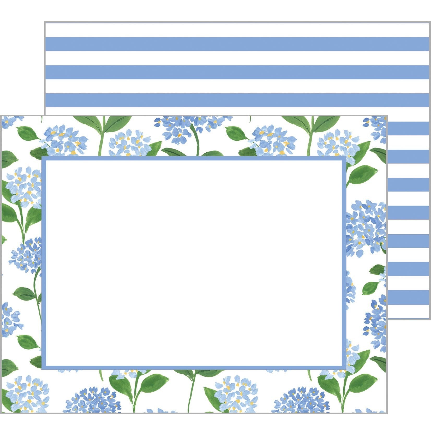 Mellow Monkey blue hydrangea flat notecards with blue and white striped backing. Set of 10 cards, 4.5"x5.5".