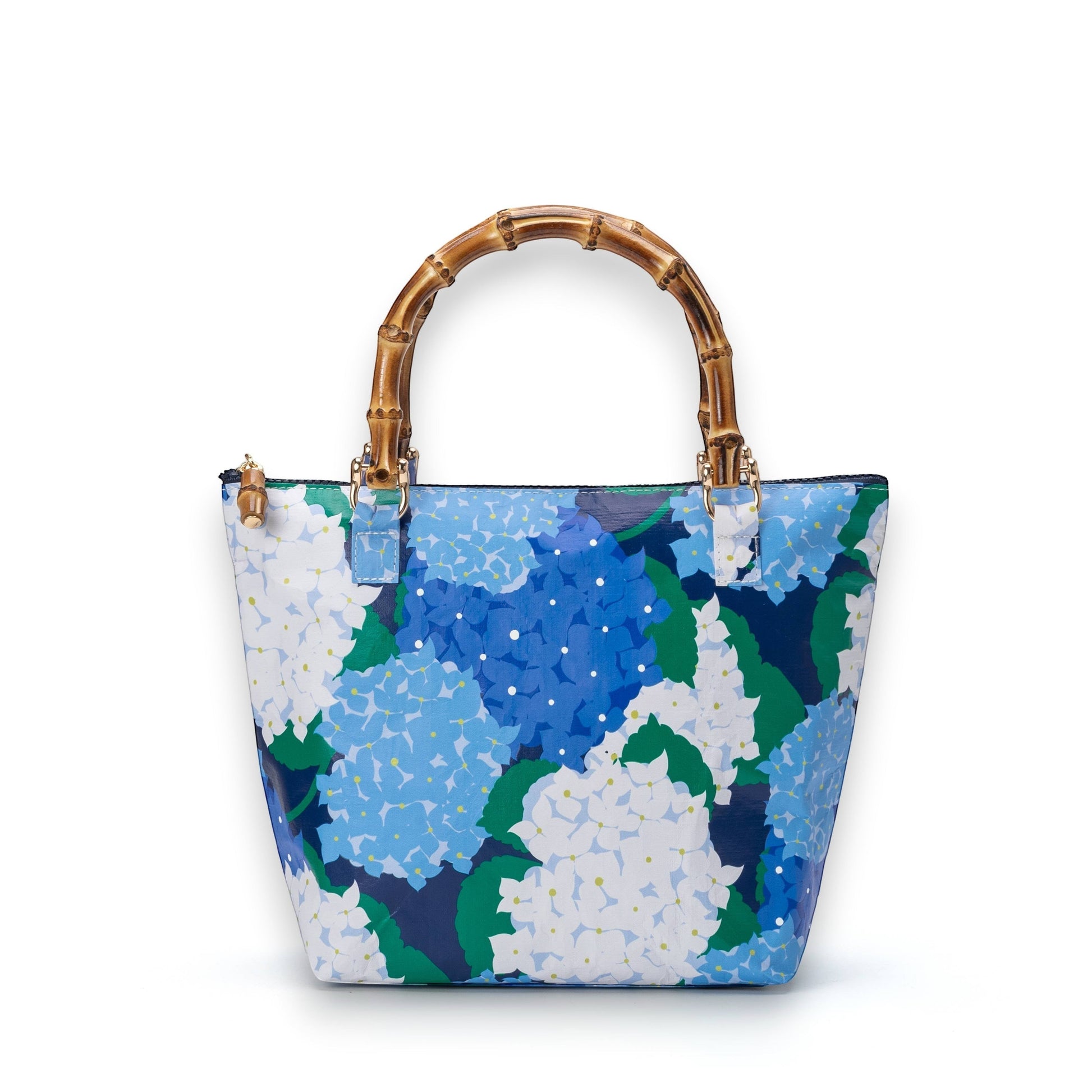 Mellow Monkey blue hydrangea print tote bag with bamboo handles, zip top, and interior slip pocket. 12-in.