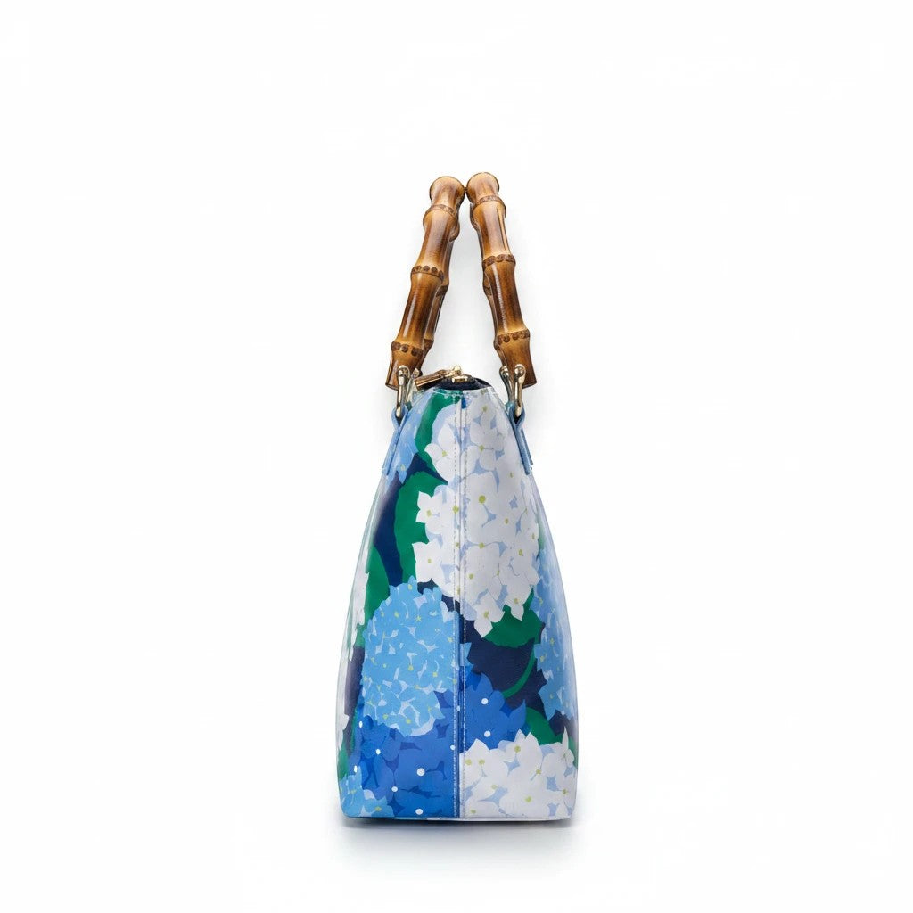 Mellow Monkey blue hydrangea print tote bag with bamboo handles, 12-in