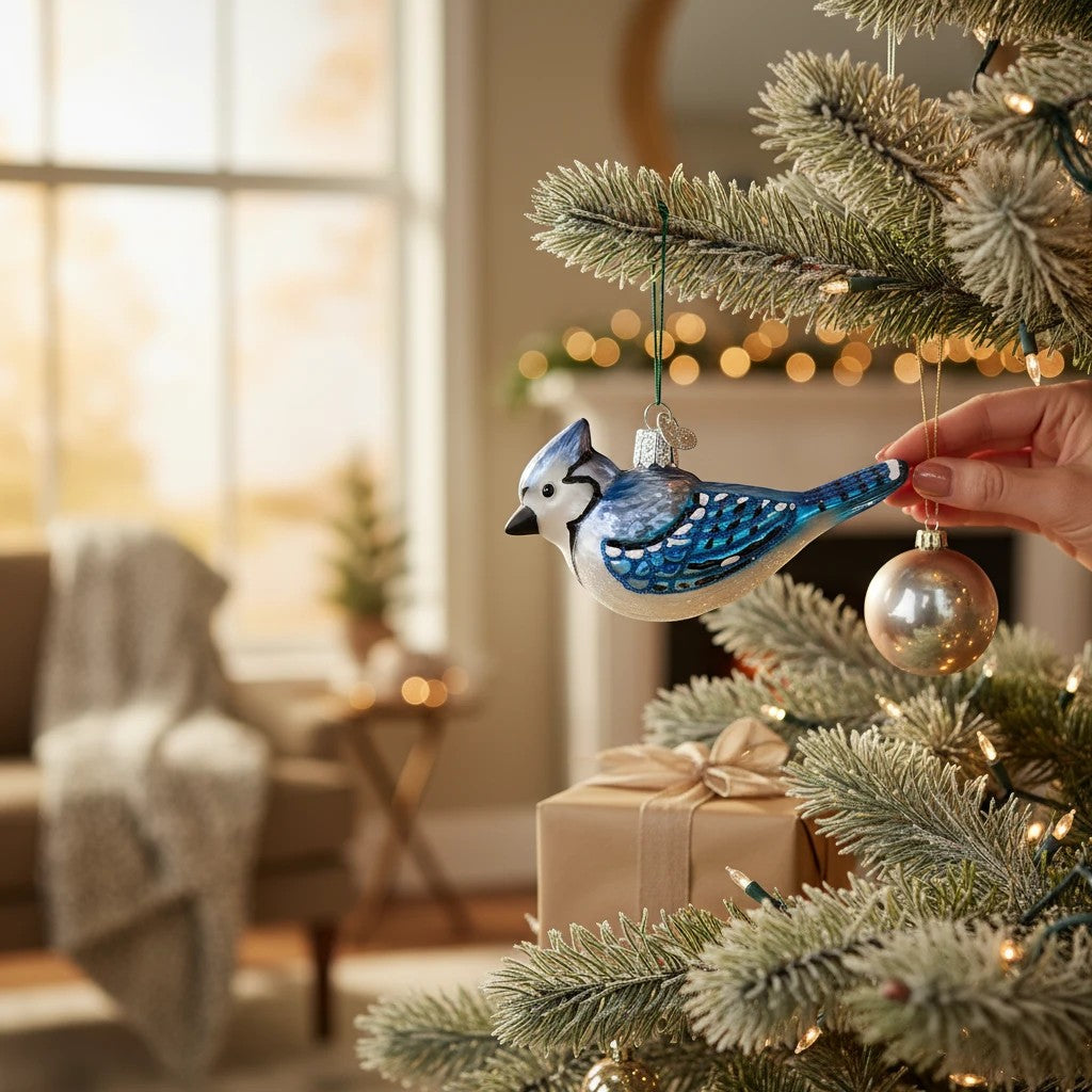 Mellow Monkey Bright Blue Jay Old World Christmas blown glass holiday ornament with glitter accents.