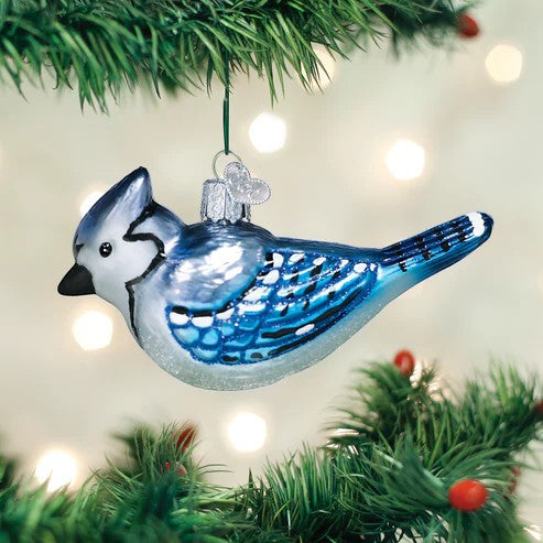Mellow Monkey Bright Blue Jay Old World Christmas blown glass ornament with intricate feather details.