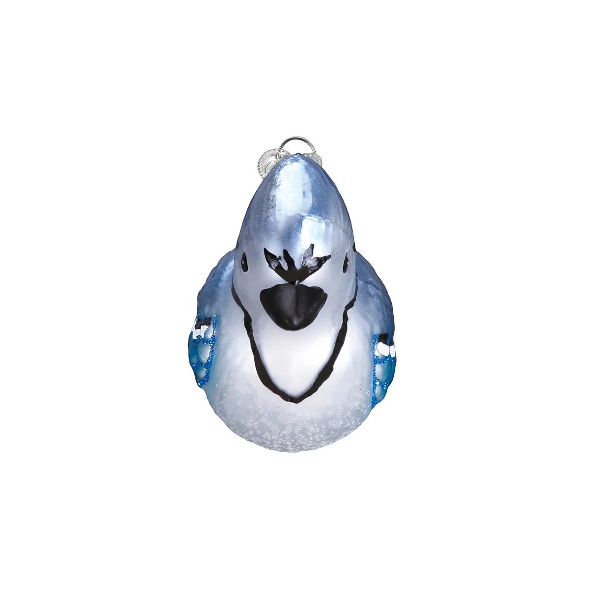 Mellow Monkey Bright Blue Jay Old World Christmas blown glass holiday ornament with glitter accents.