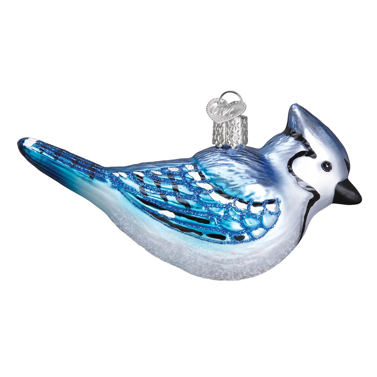 Mellow Monkey Bright Blue Jay blown glass holiday ornament with glitter accents. Features detailed blue and white feathers and a black beak.