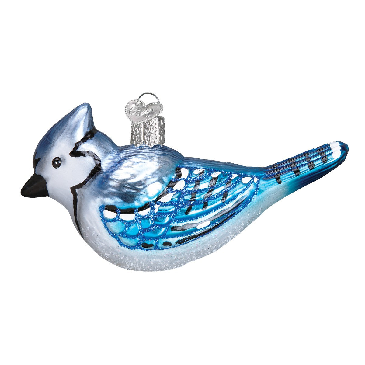 Mellow Monkey Blue Jay blown glass holiday ornament with glitter accents. Features bright blue and white colors.