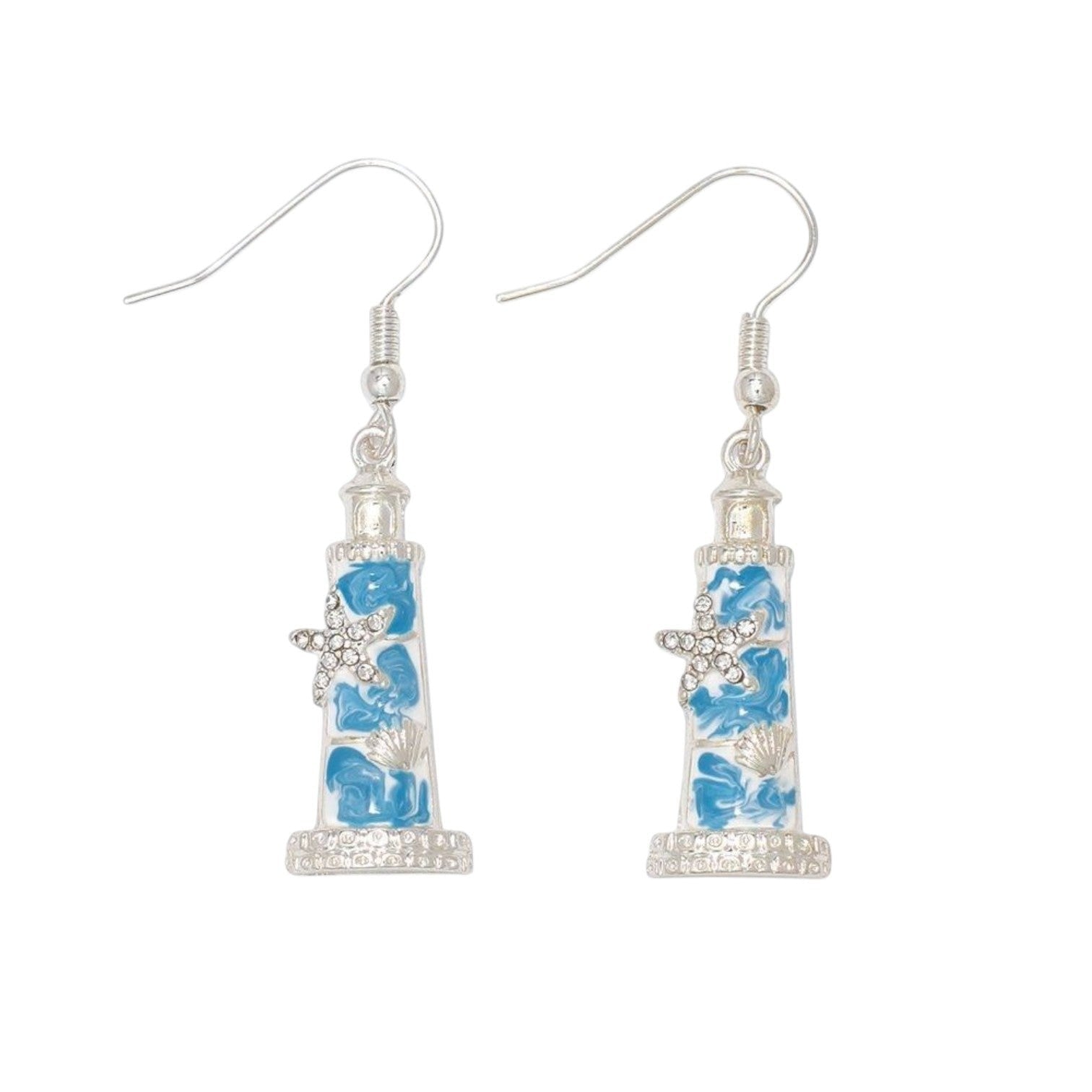 Mellow Monkey blue lighthouse drop earrings featuring starfish and seashell accents with sparkling crystals.