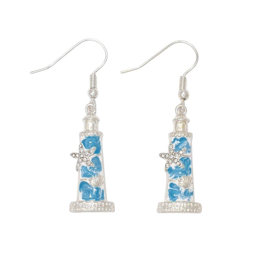 Mellow Monkey blue lighthouse drop earrings featuring starfish and seashell accents with sparkling crystals.