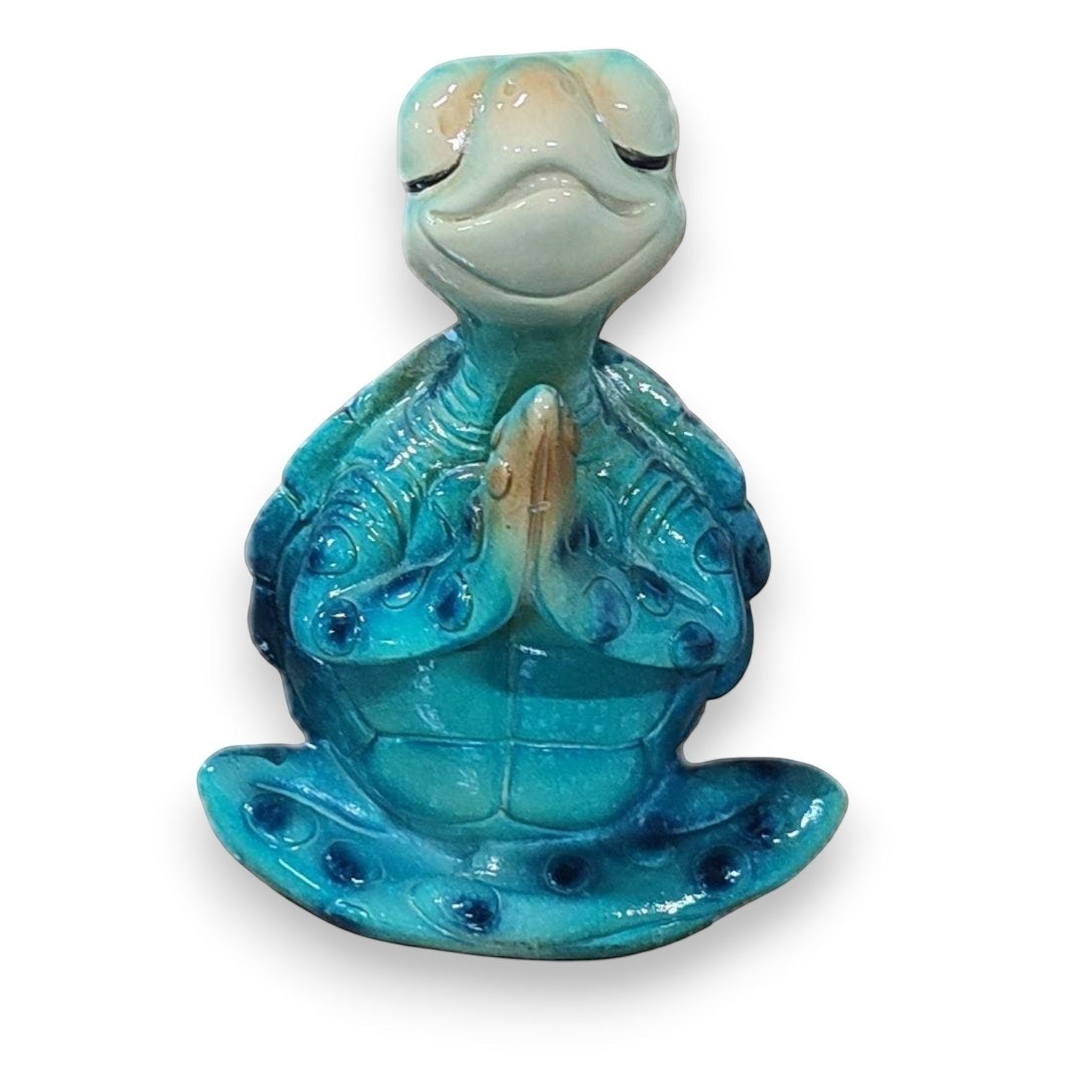 Mellow Monkey blue turtle figurine in a meditative pose with hands pressed together, featuring a glossy finish.