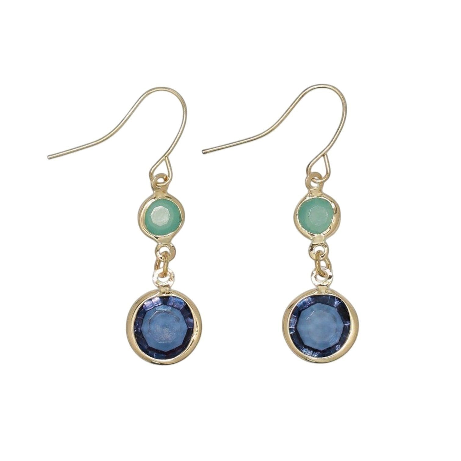 Mellow Monkey blue and mint crystal dangle earrings with gold-tone settings for a coastal beachy style.