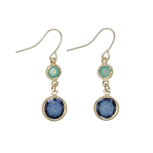 Mellow Monkey blue and mint crystal dangle earrings with gold-tone settings for a coastal beachy style.