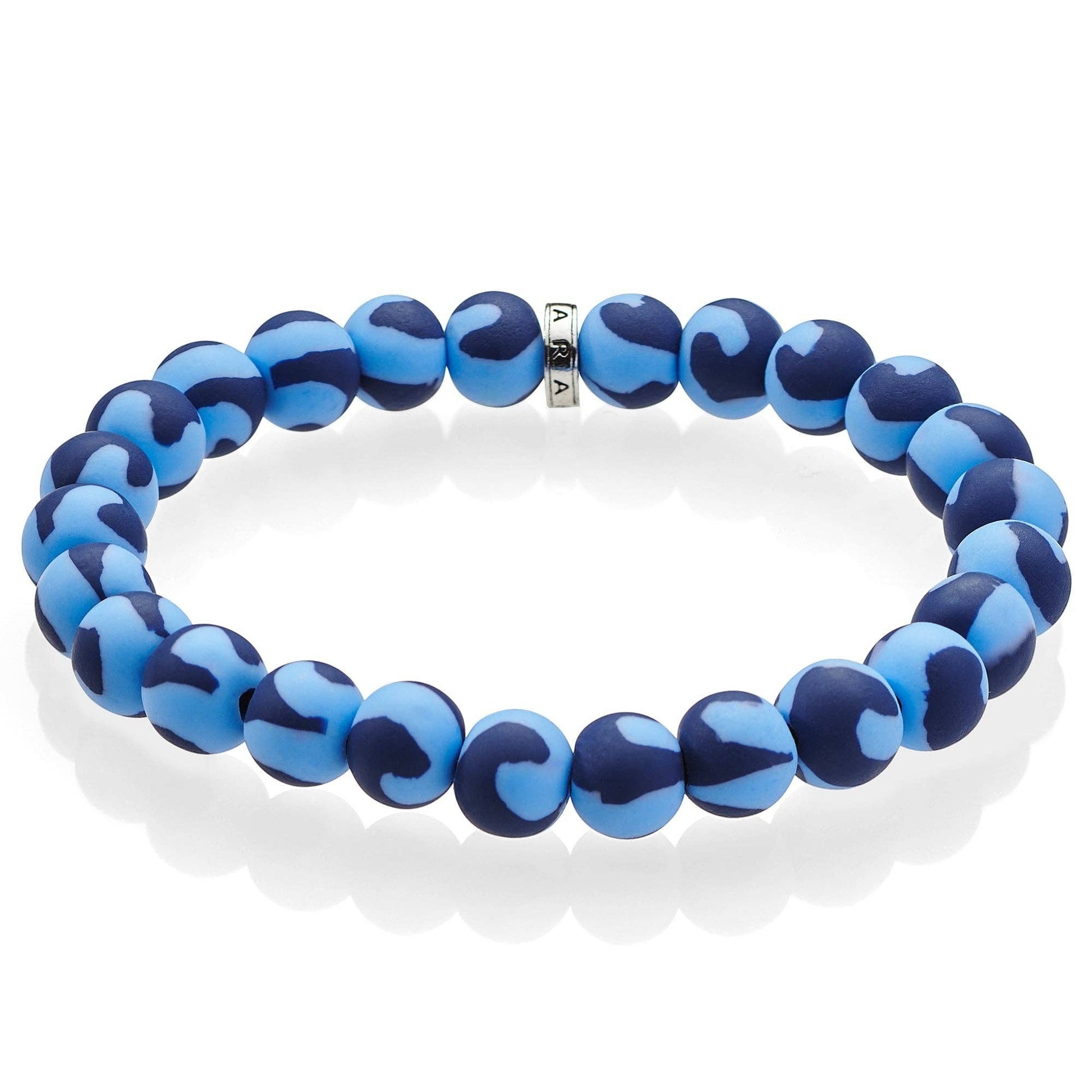 Mellow Monkey JILZARAH light blue and navy polymer clay beaded stretch bracelet with a silver accent bead