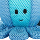 Mellow Monkey blue octopus bath toy with mesh texture, smiling face, and hanging loop. Made of polyester fiberfill.