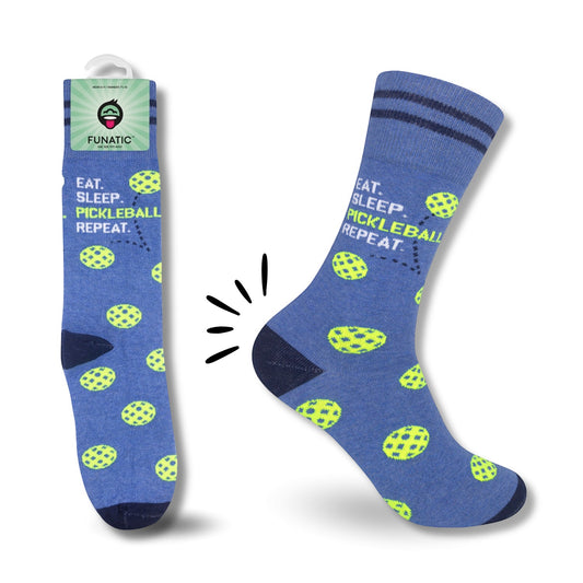 Mellow Monkey blue cotton blend crew socks featuring lime green pickleballs and the text Eat. Sleep. Pickleball. Repeat.