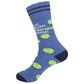 Mellow Monkey blue cotton blend crew socks with lime green pickleball pattern and Eat Sleep Pickleball Repeat text