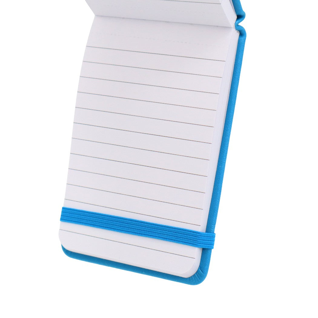 Mellow Monkey blue leatherette pocket journal with lined pages and elastic closure band