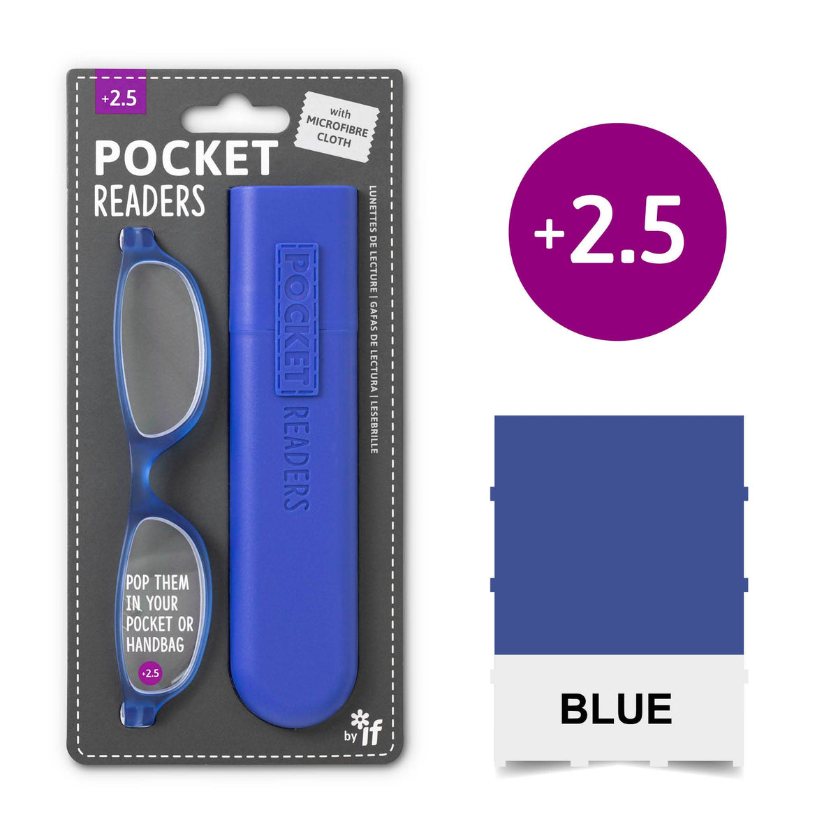 Mellow Monkey blue pocket reading glasses with a matching protective case and included microfibre cloth