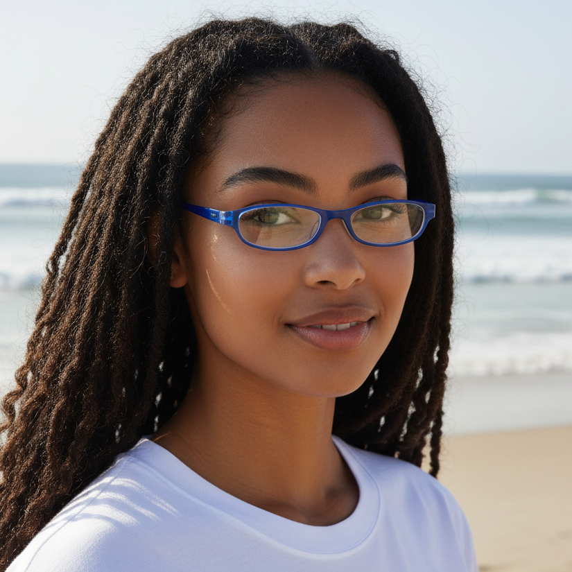 A woman wearing Mellow Monkey blue pocket reading glasses on a sunny beach with the ocean in the background.