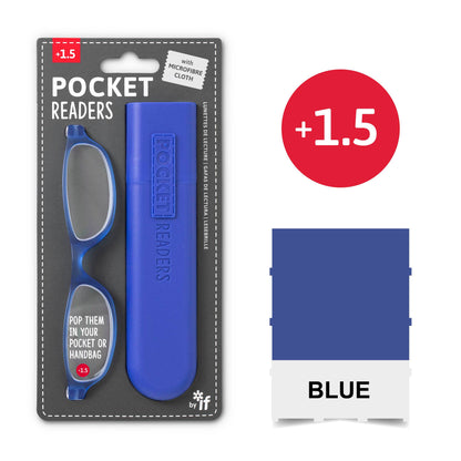 Mellow Monkey blue pocket reading glasses with matching protective case and microfibre cloth on retail packaging
